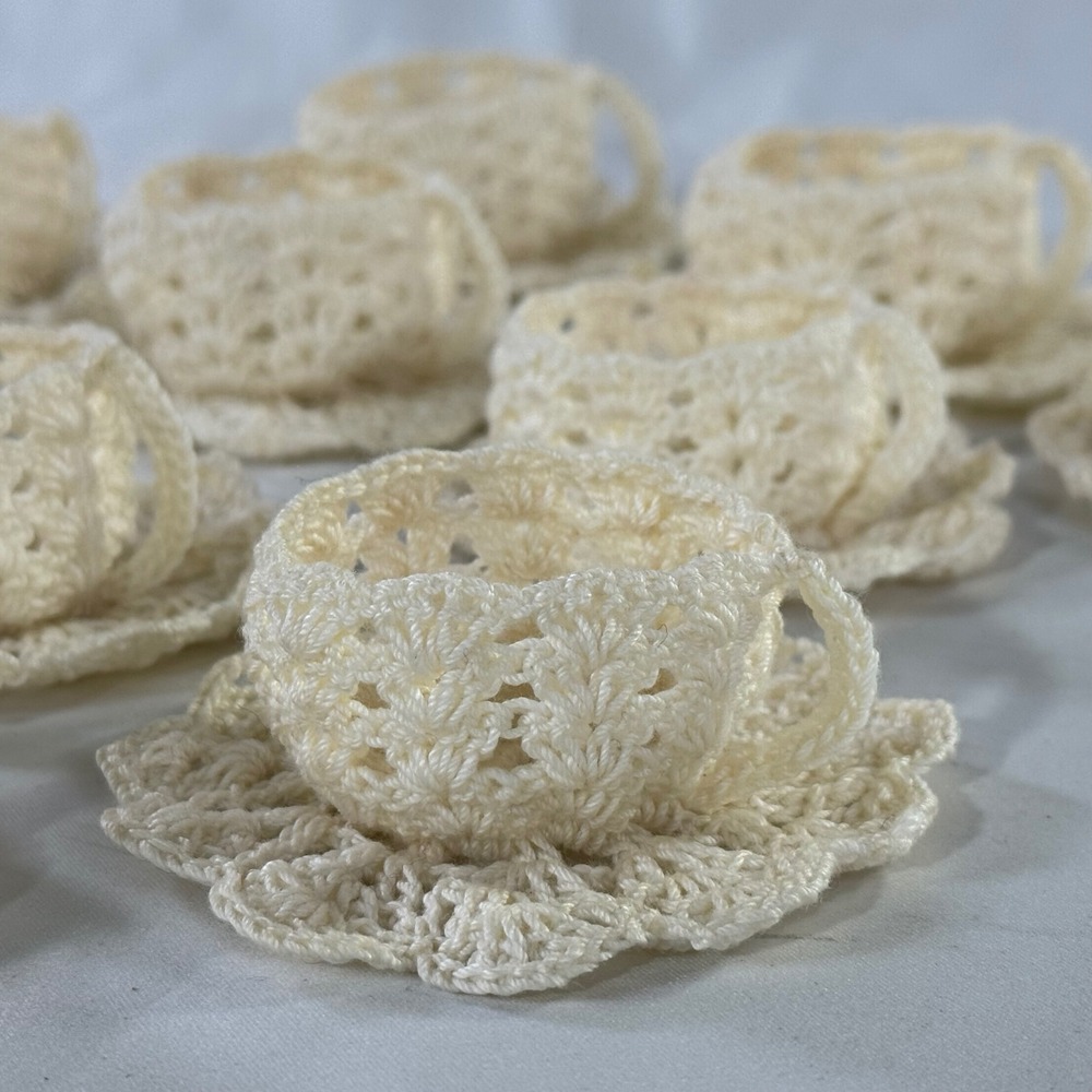 Vintage Handmade Crochet Tea Cup & Saucer Set 12 Ivory Cottagecore Decor